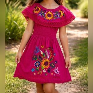 Girls Embroidered Floral Cotton Dress | Boho Folk Sunflower | Size 8